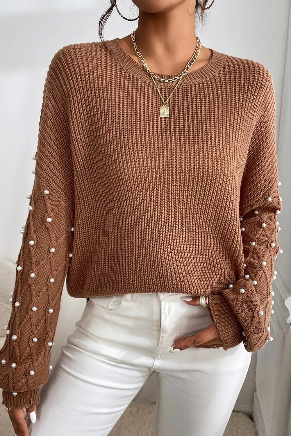 Pearl Detail Round Neck Long Sleeve Sweater-Angel Casuals