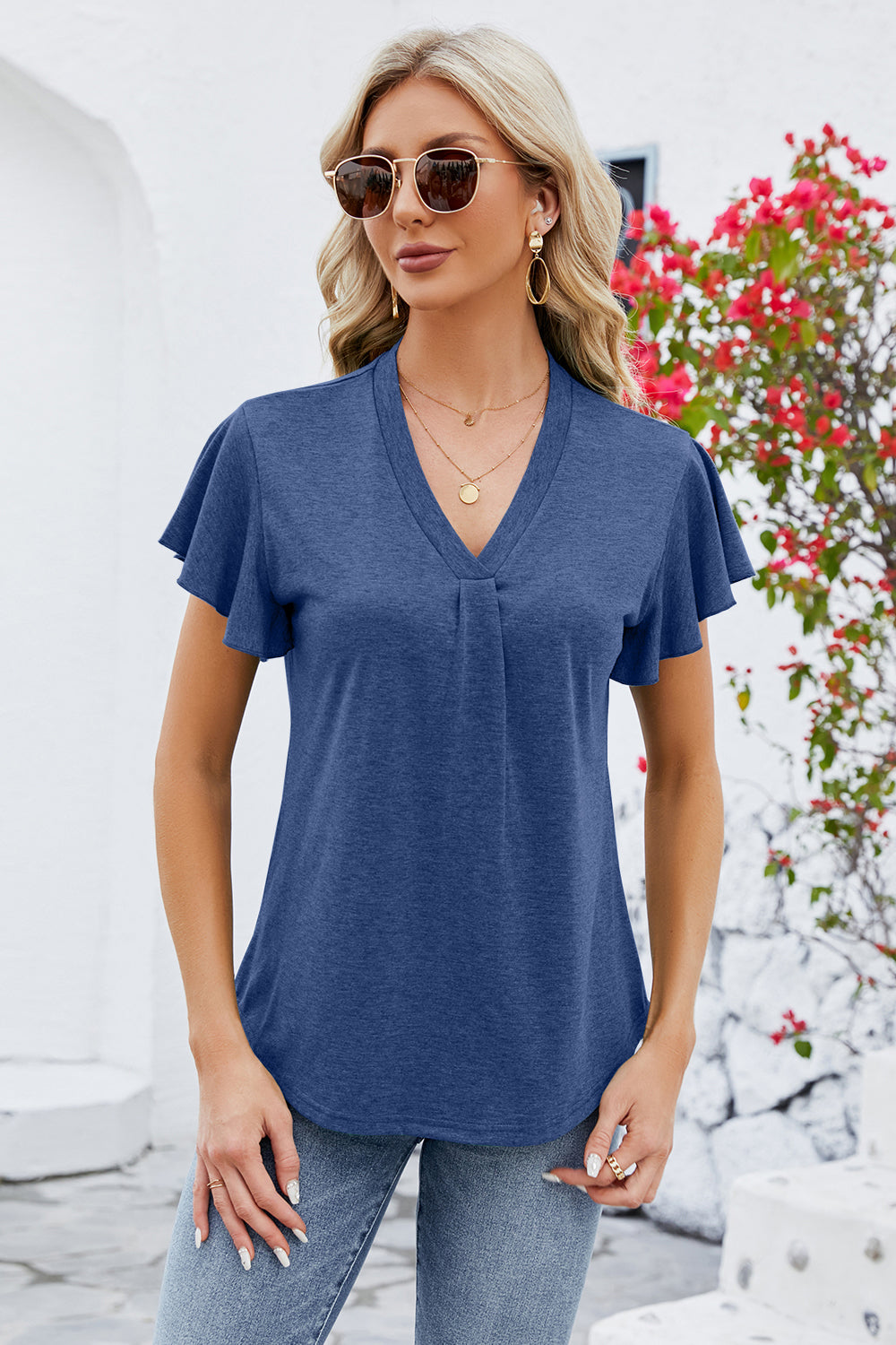 V-Neck Flutter Sleeve T-Shirt-Angel Casuals