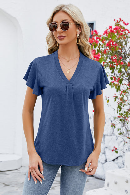 V-Neck Flutter Sleeve T-Shirt-Angel Casuals
