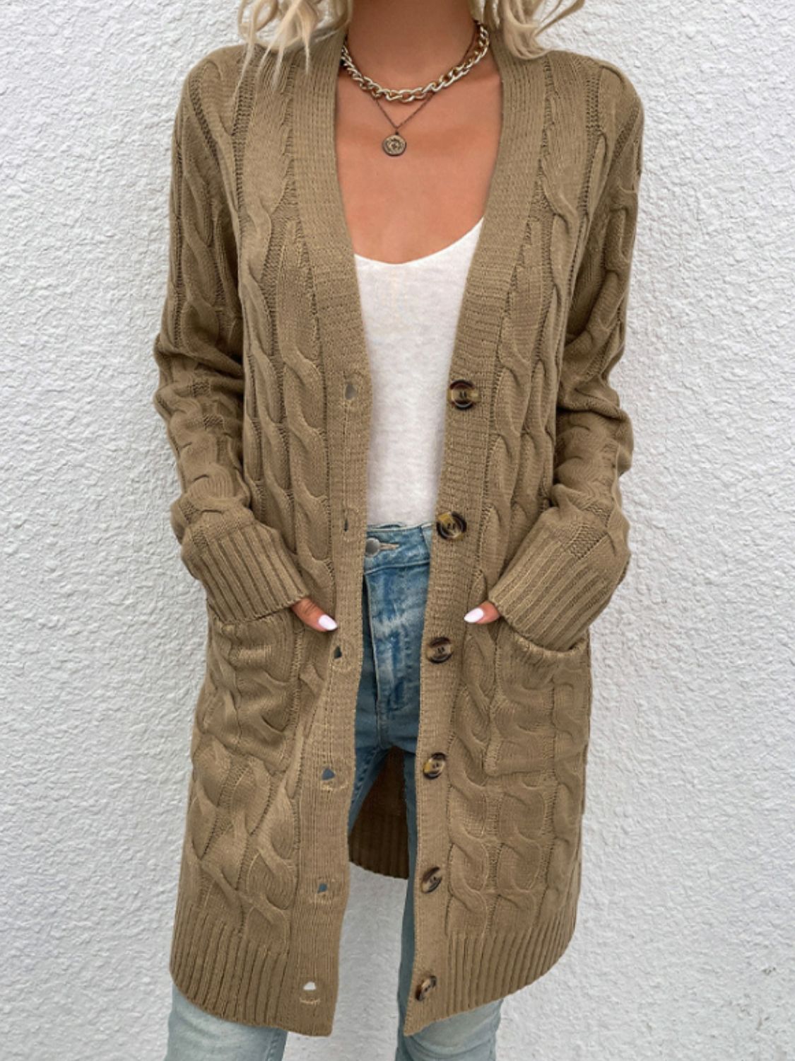 Cable-Knit Button Down Cardigan with Pockets-Angel Casuals