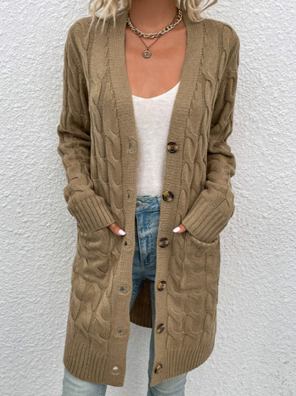 Cable-Knit Button Down Cardigan with Pockets-Angel Casuals