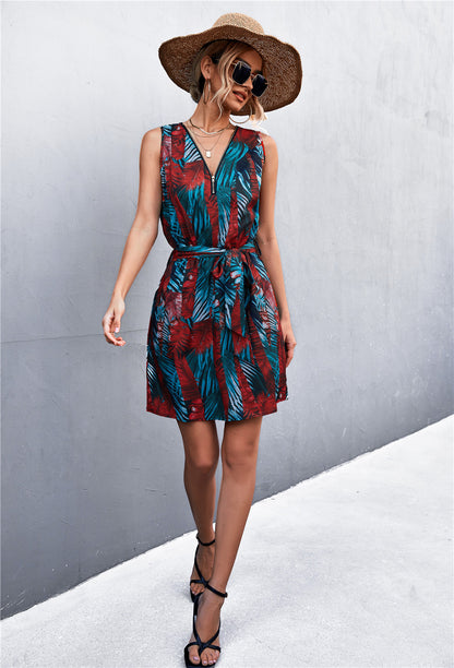 Printed Zip Detail Belted Sleeveless Dress-Angel Casuals