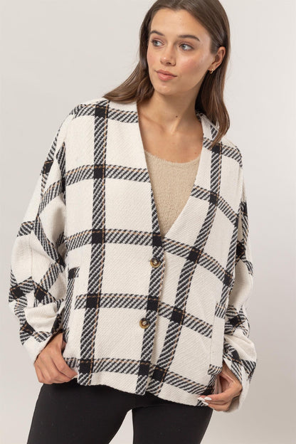 HYFVE Plaid Long Sleeve Jacket with Side Slit Pockets-Angel Casuals