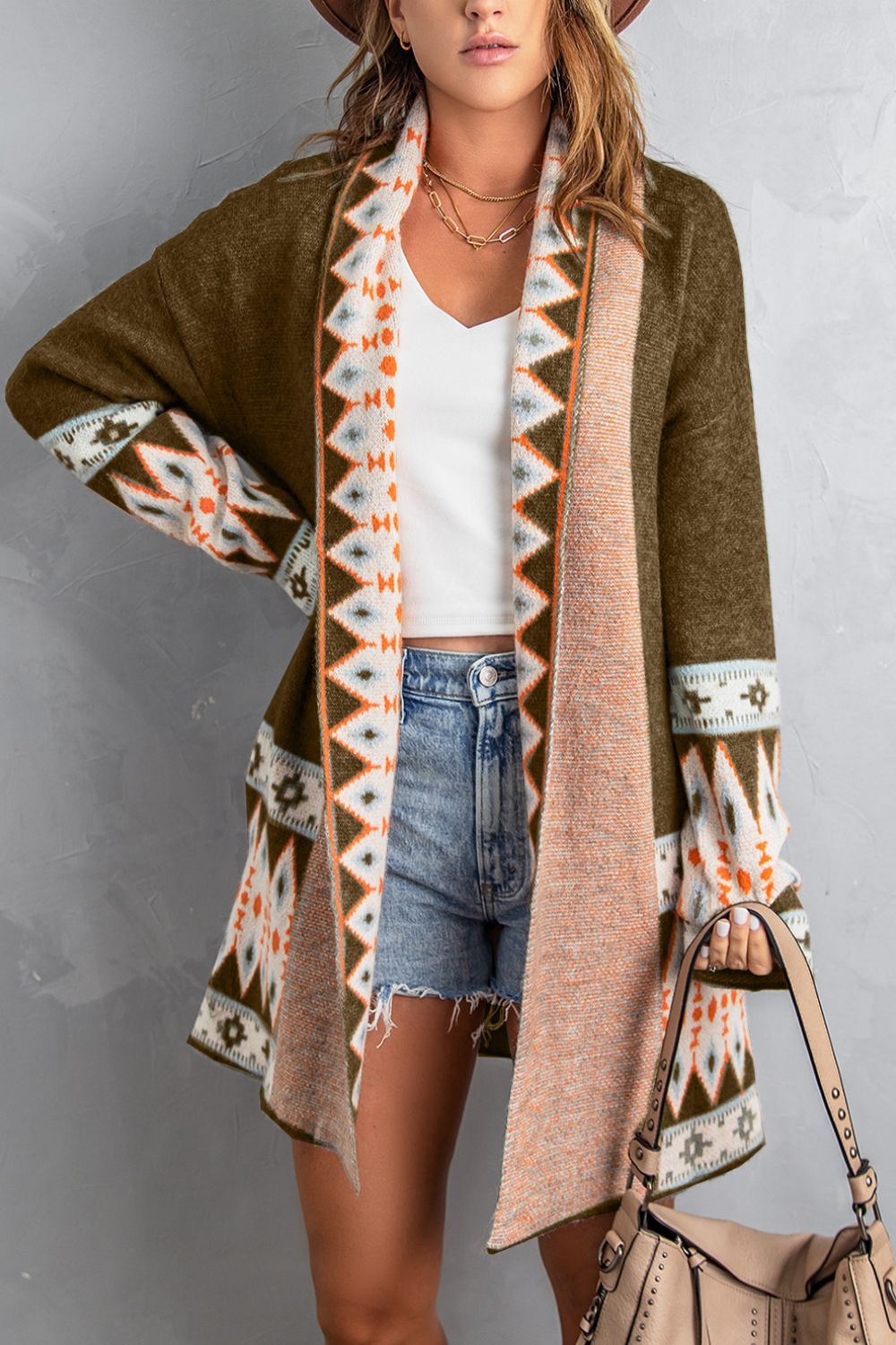 Geometric Open Front Long Sleeve Cardigan-Angel Casuals