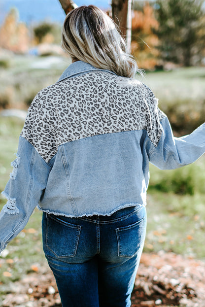 Plus Size Leopard Raw Hem Distressed Spliced Denim Jacket-Angel Casuals