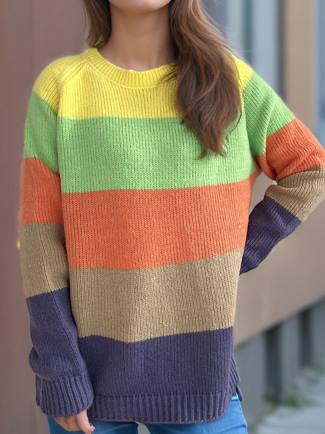 Color Block Round Neck Long Sleeve Sweater-Angel Casuals