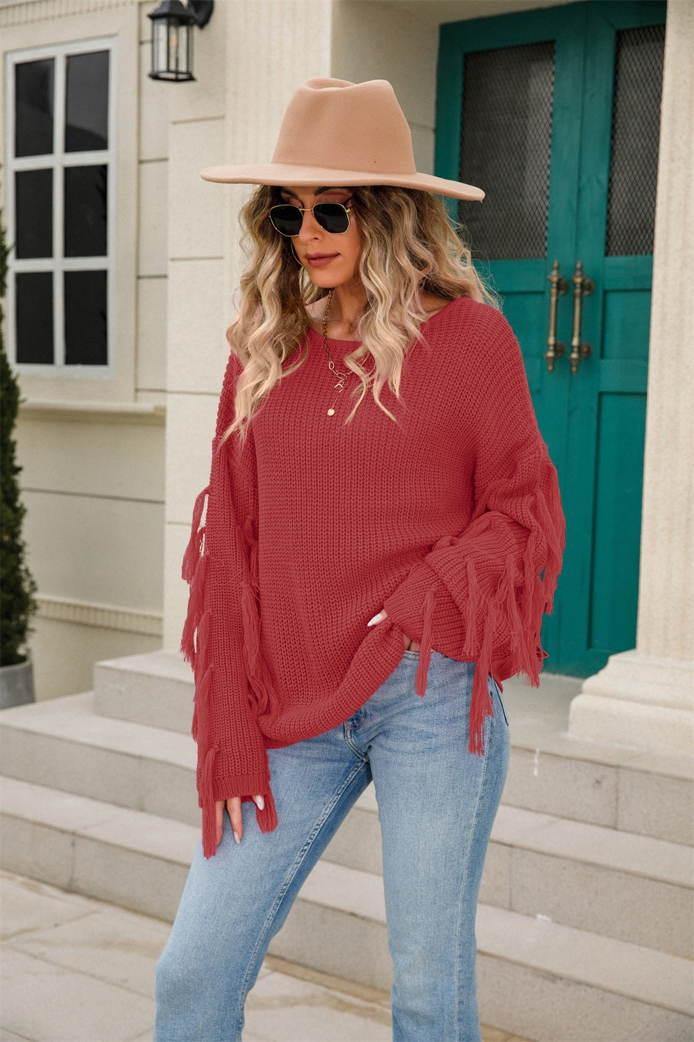 Angel Wings Fringe Round Neck Dropped Shoulder Sweater-Angel Casuals