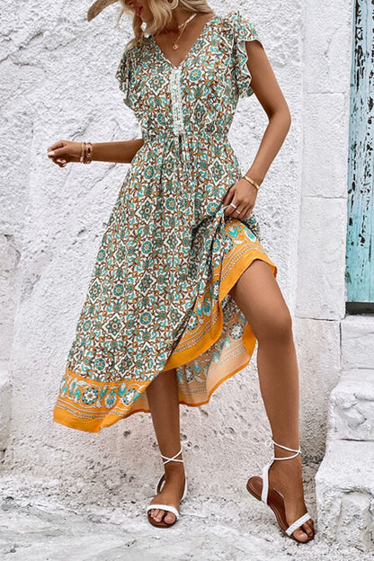 Bohemian V-Neck Flutter Sleeve Dress-Angel Casuals