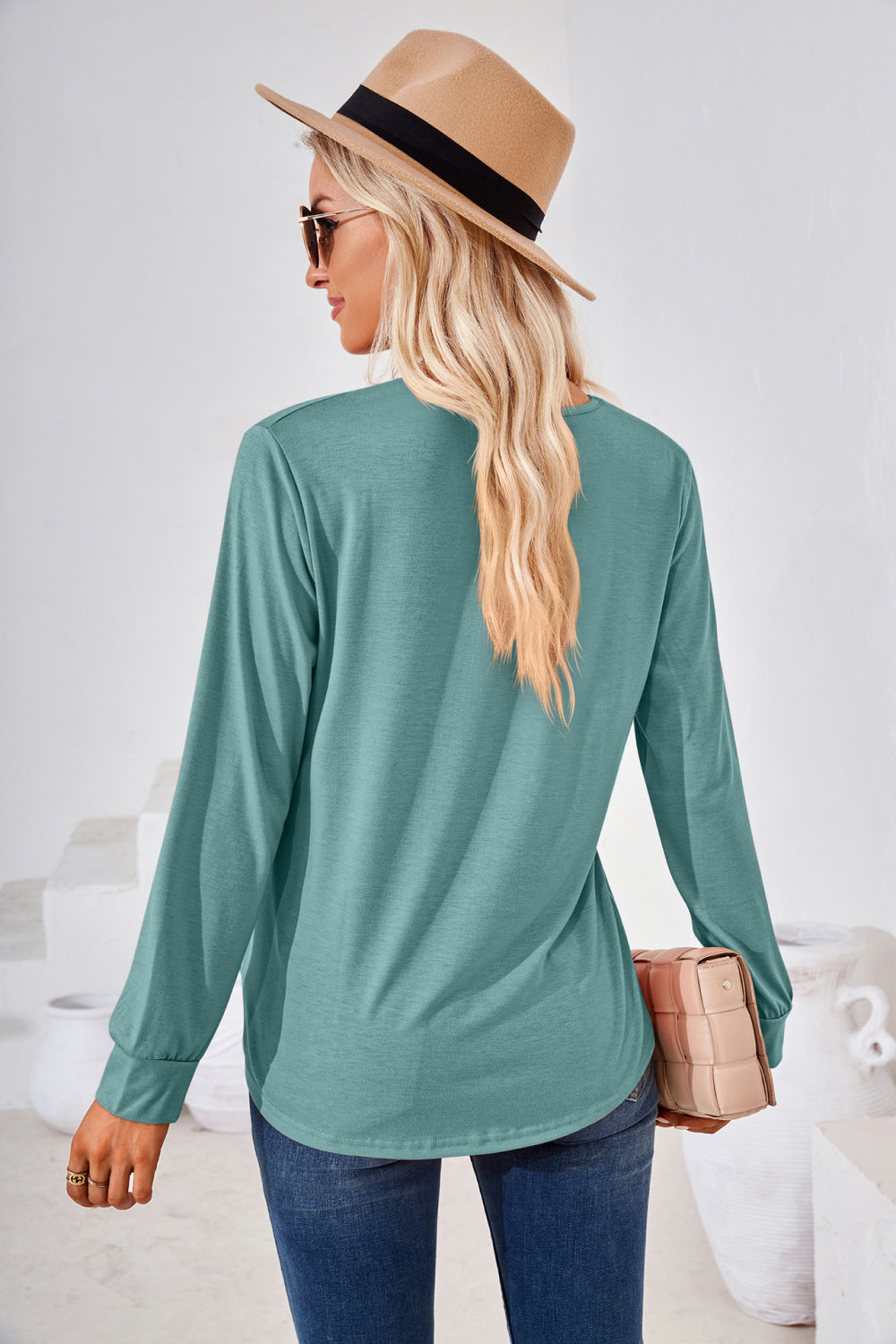 Square Neck Ruched Long Sleeve Blouse-Angel Casuals