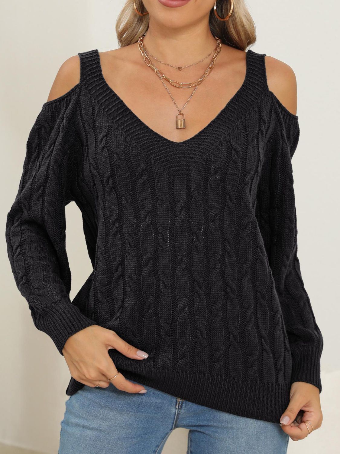 Cable-Knit V-Neck Long Sleeve Sweater-Angel Casuals