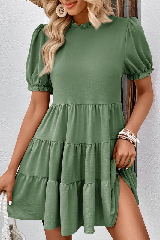 Puff Sleeve Tie Back Tiered Dress-Angel Casuals