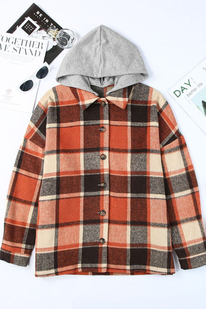 Plaid Button Up Hooded Shacket-Angel Casuals