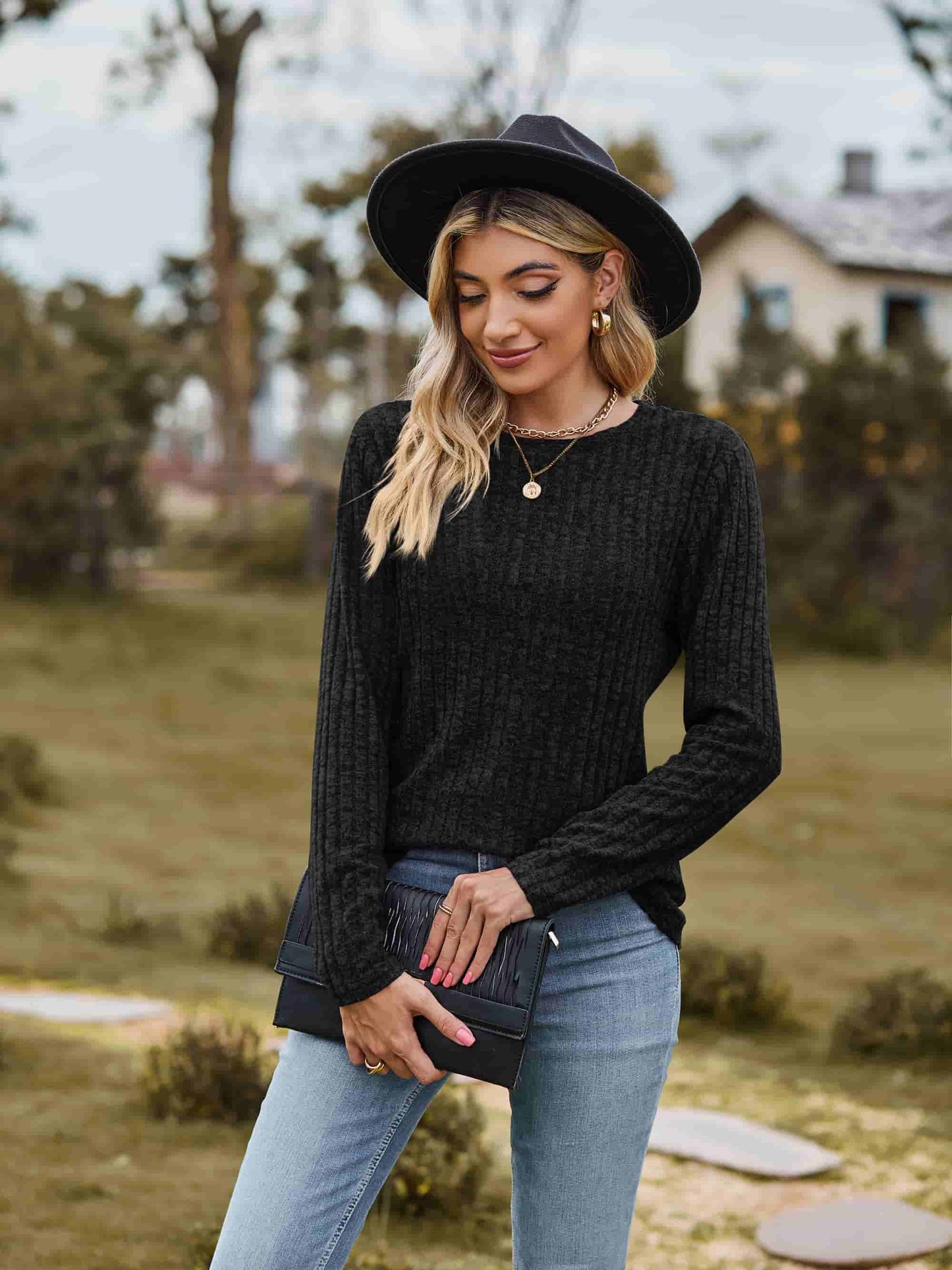 Ribbed Round Neck Long Sleeve Tee-Angel Casuals