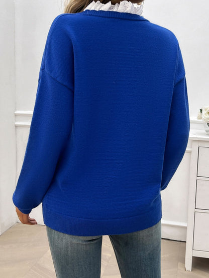 Devine Lace Detail Notched Long Sleeve Sweater-Angel Casuals