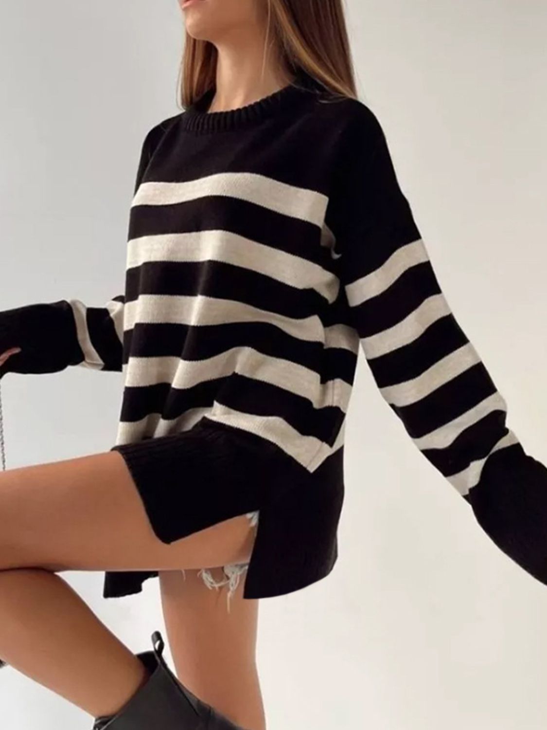 Slit Striped Round Neck Sweater-Angel Casuals