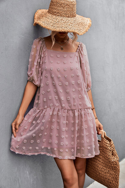 Swiss Dot Square Neck Half Balloon Sleeve Dress-Angel Casuals