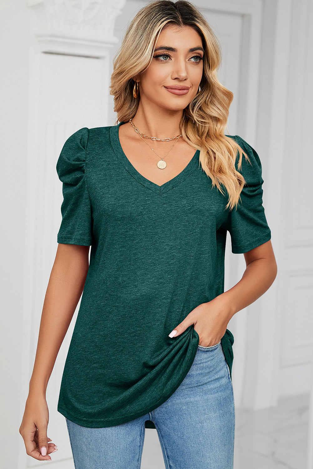 Heathered V-Neck Puff Sleeve T-Shirt-Angel Casuals