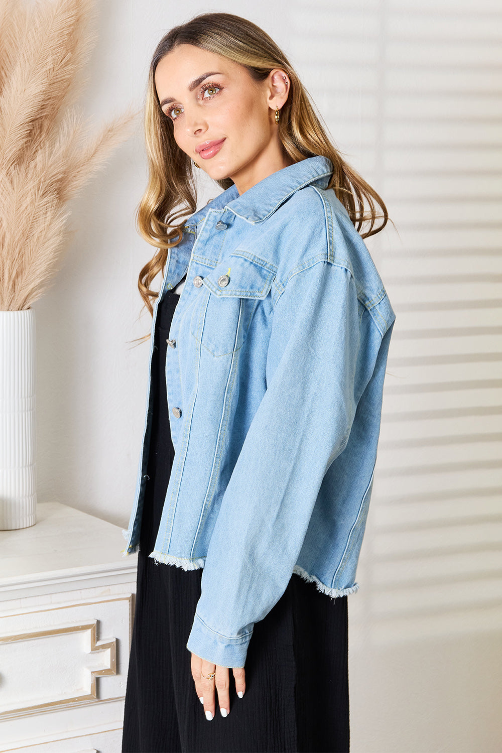 Double Take Dropped Shoulder Raw Hem Denim Jacket-Angel Casuals