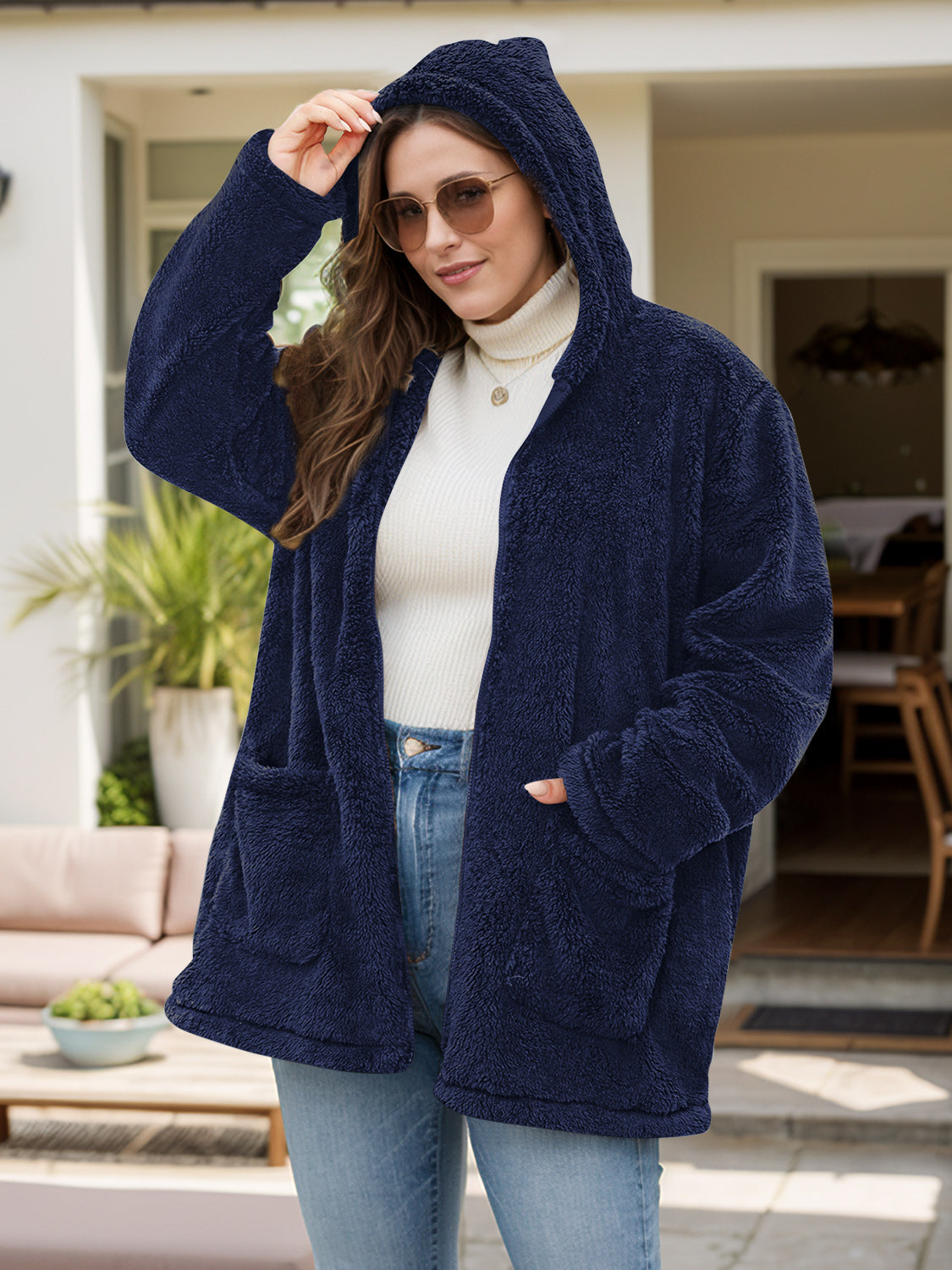 Plus Size Zip Up Long Sleeve Hooded Outerwear-Angel Casuals