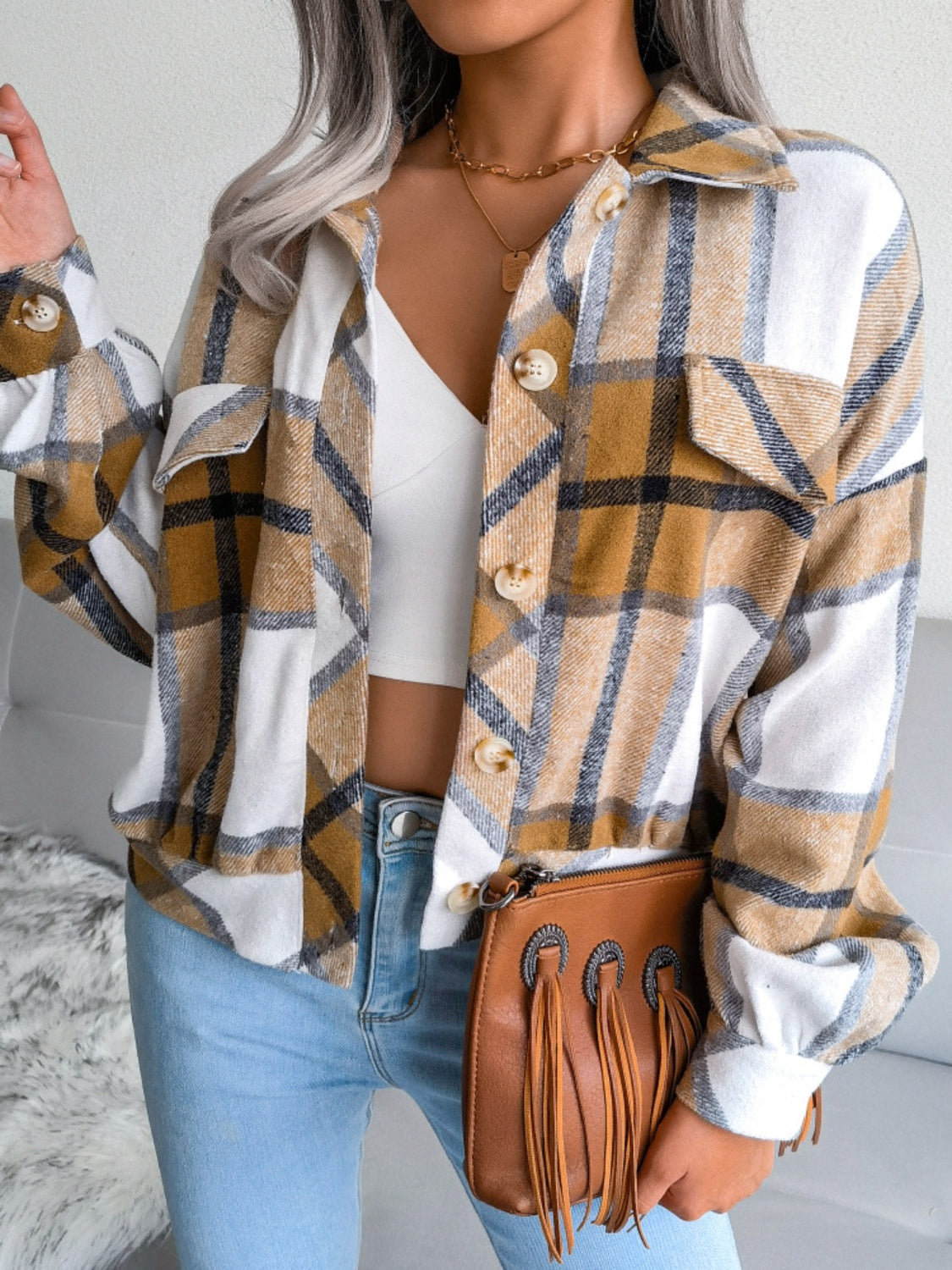 Plaid Collared Neck Long Sleeve Jacket-Angel Casuals