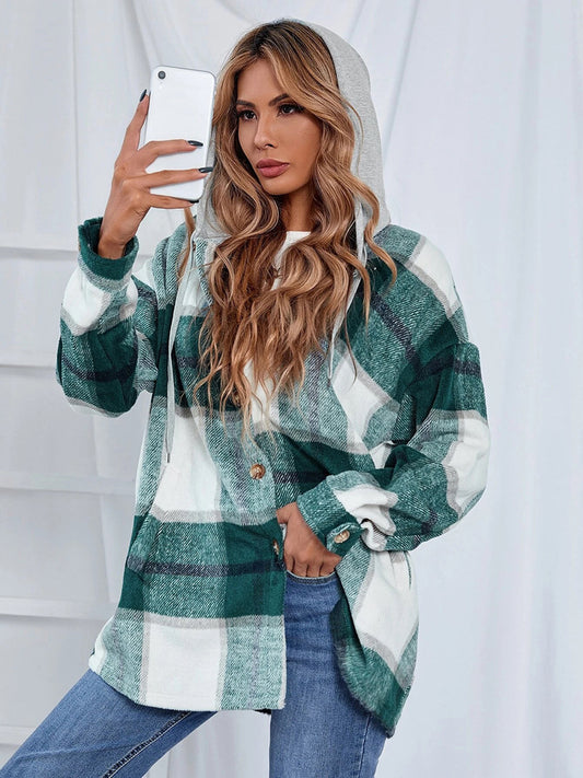 Plaid Hooded Jacket with Pockets-Angel Casuals