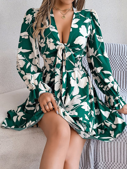 Tied Ruffled Printed Long Sleeve Dress-Angel Casuals