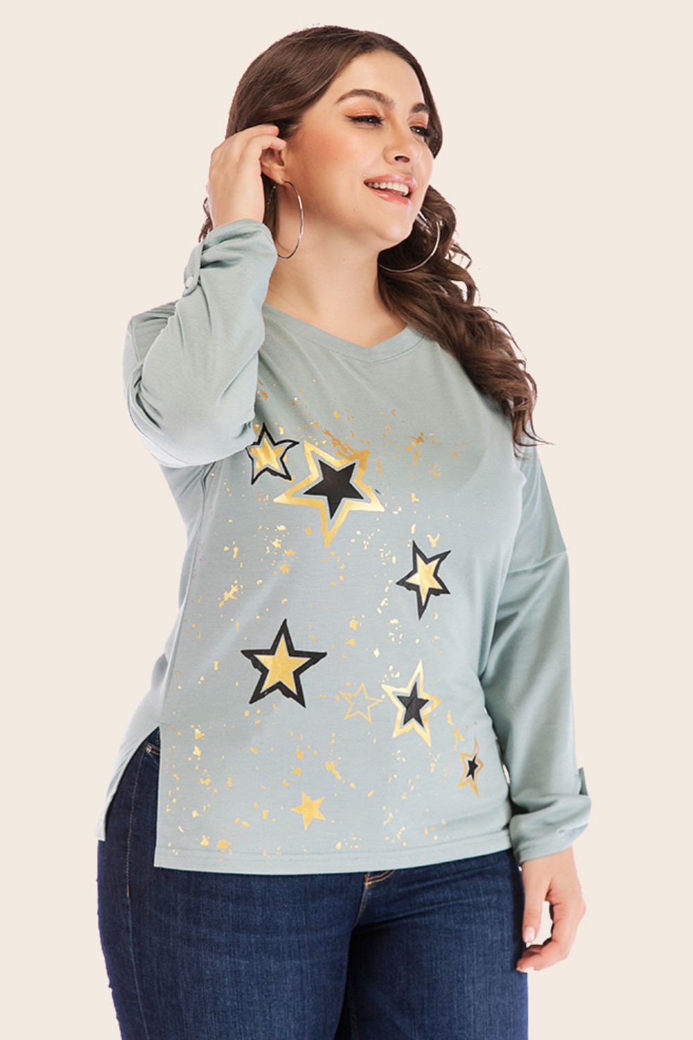 Full Size Star Graphic Slit Dropped Shoulder Top-Angel Casuals