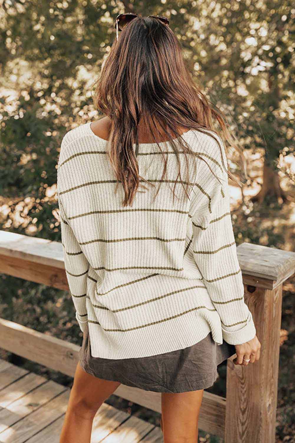 Striped V-Neck Drop Shoulder Sweater-Angel Casuals