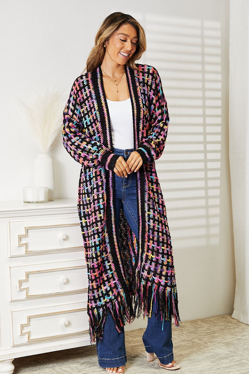 Full Size Multicolored Open Front Fringe Hem Cardigan-Angel Casuals