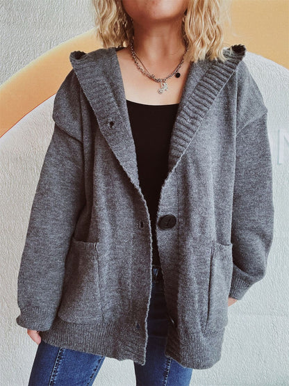 Dropped Shoulder Long Sleeve Hooded Cardigan-Angel Casuals