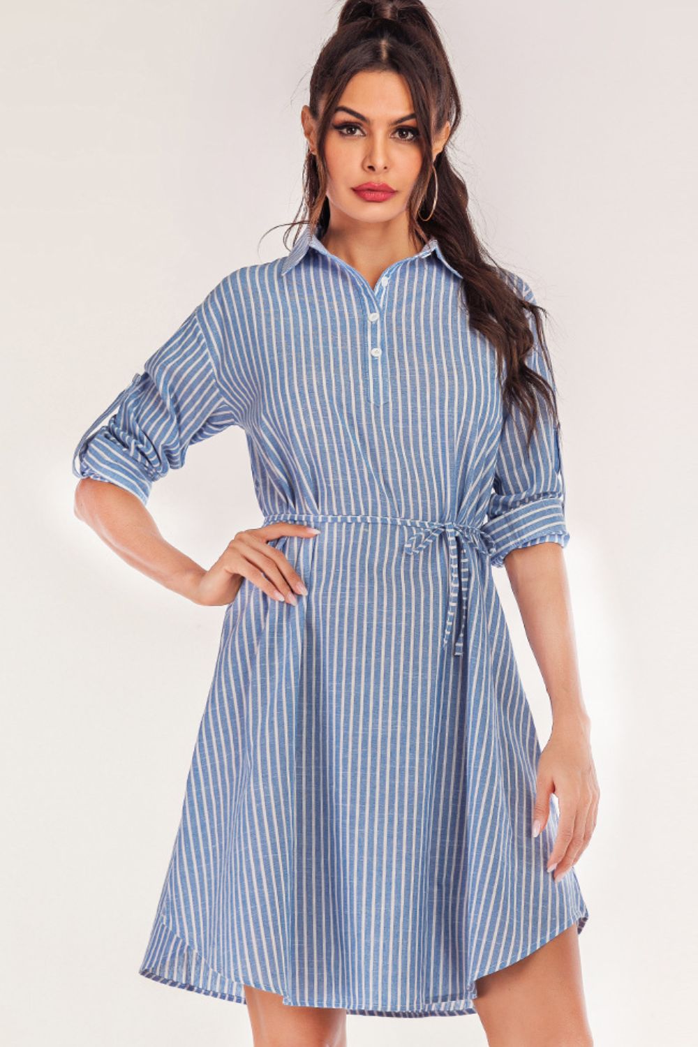 Full Size Striped Quarter-Button Roll-Tab Sleeve Shirt Dress-Angel Casuals