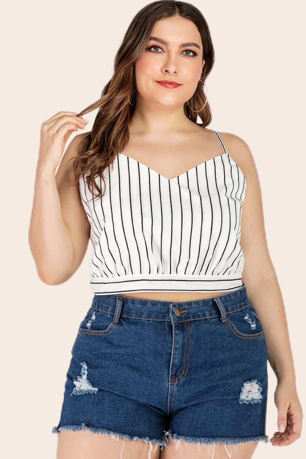 Plus Size Striped Tie-Back Cropped Cami-Angel Casuals