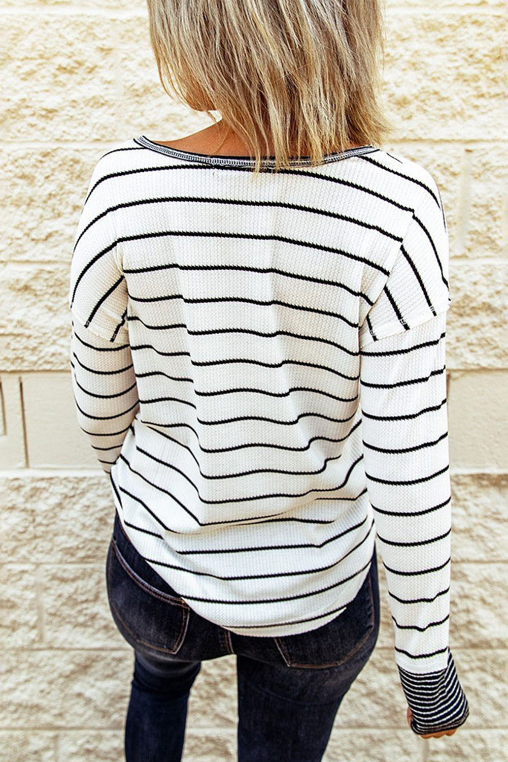 Striped Waffle Knit Henley Long Sleeve Top-Angel Casuals