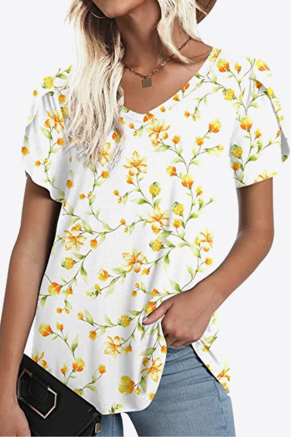 Printed Petal Sleeve V-Neck Blouse-Angel Casuals