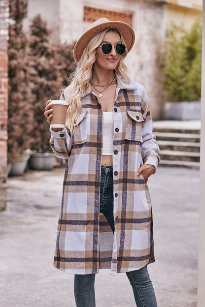 Mandy Plaid Dropped Shoulder Longline Jacket-Angel Casuals