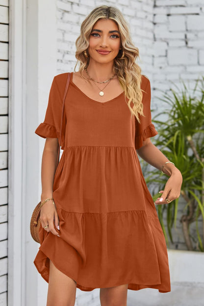 V-Neck Flounce Sleeve Tiered Dress-Angel Casuals