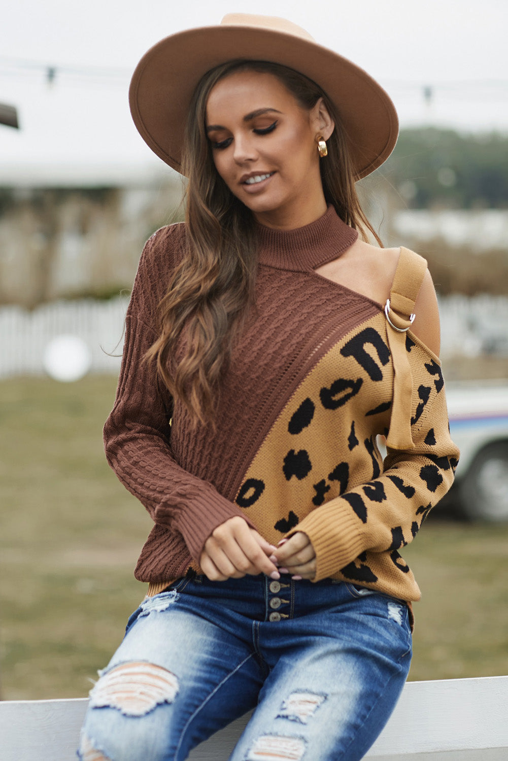 Leopard Block Turtleneck Sweater-Angel Casuals