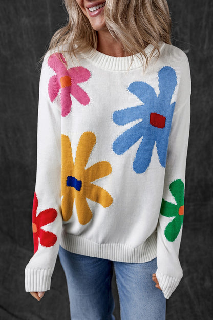 Flower Round Neck Dropped Shoulder Sweater-Angel Casuals