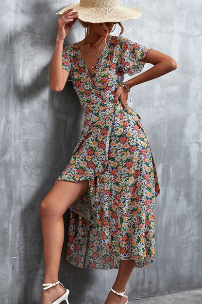 Floral Surplice Neck Tied Midi Dress-Angel Casuals