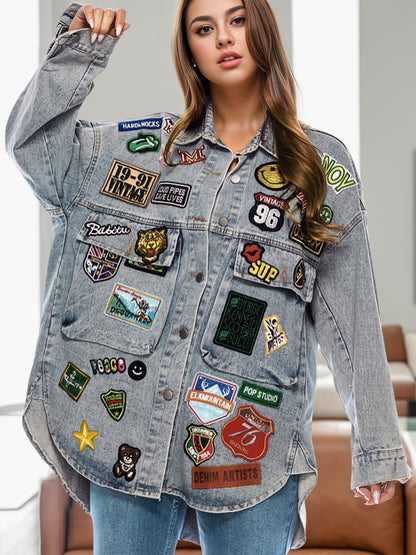 Embroidered Patch Button Up Long Sleeve Denim Jacket-Angel Casuals