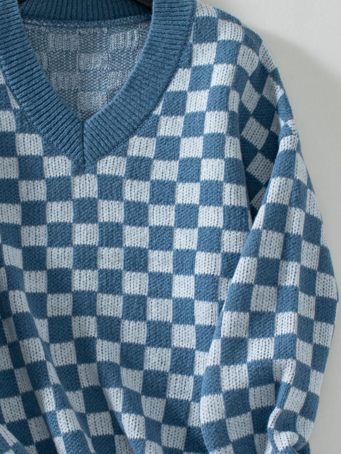 Checkered V-Neck Dropped Shoulder Sweater-Angel Casuals