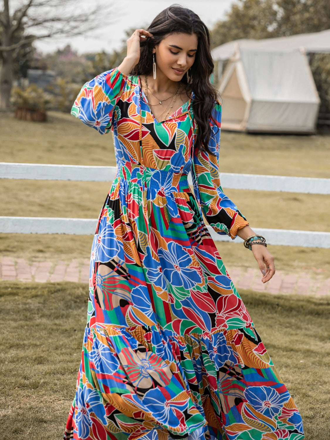 Printed Smocked Tie Neck Balloon Sleeve Maxi Dress-Angel Casuals