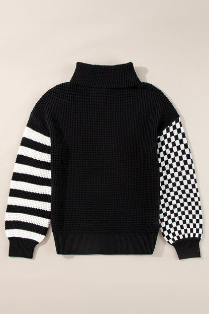 Striped & Checkered Turtleneck Dropped Shoulder Sweater-Angel Casuals