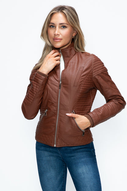 YMI Faux Layered Double-Zipper Jacket with Fuzzy Hood-Angel Casuals