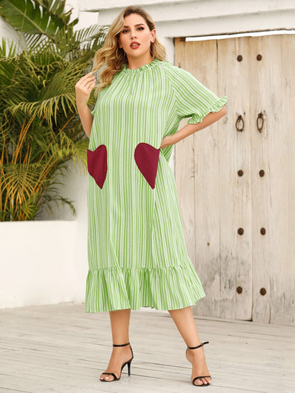 Plus Size Frill Heart Striped Half Sleeve Dress-Angel Casuals