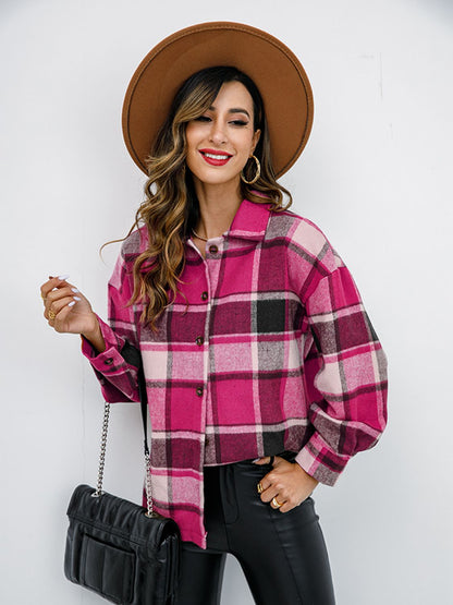 Plaid Button Up Collared Neck Jacket-Angel Casuals