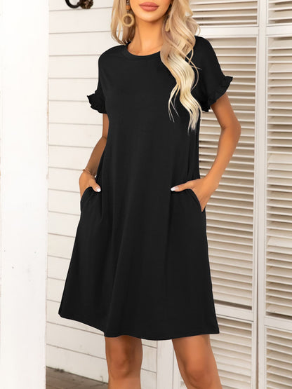 Round Neck Flounce Sleeve Dress with Pockets-Angel Casuals