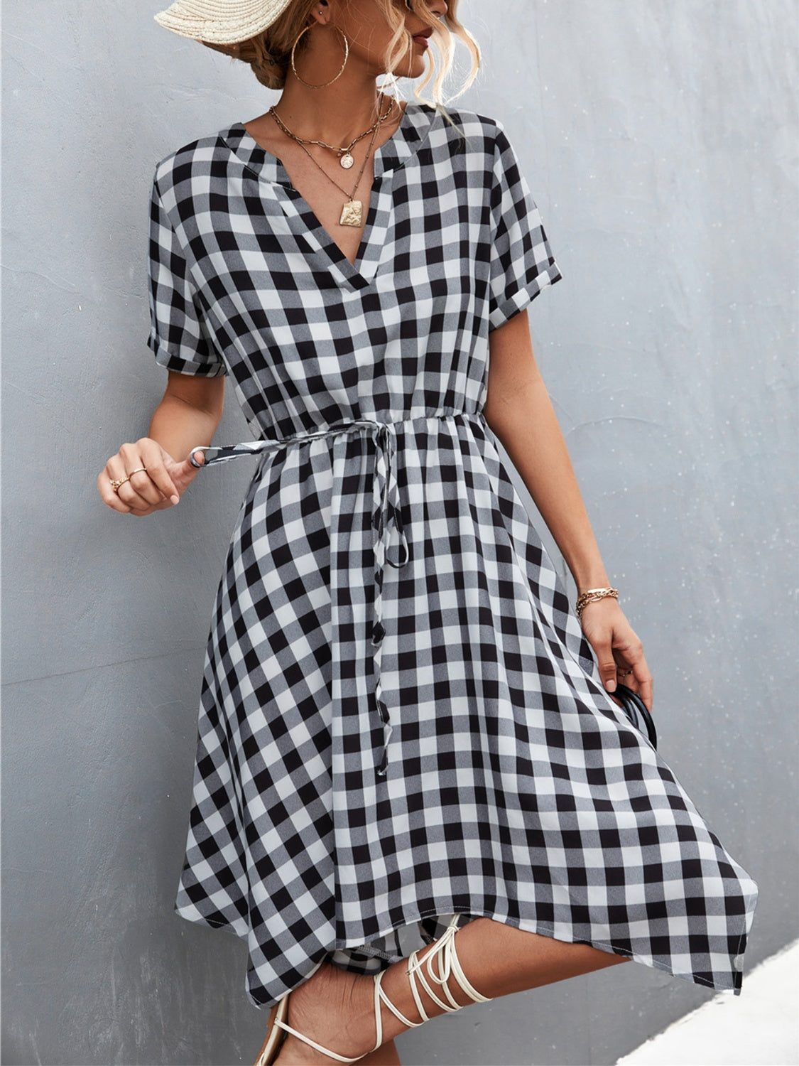 Plaid Notched Short Sleeve Dress-Angel Casuals