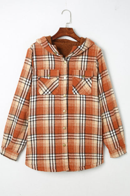 Plaid Button Up Long Sleeve Hooded Jacket-Angel Casuals