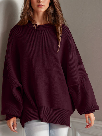 Double Take Side Slit Round Neck Long Sleeve Sweater-Angel Casuals